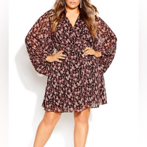 City Chic Size 22 Floral Dress, Long Sleeve, Flowy, Pink and Black - Picture 1 of 8
